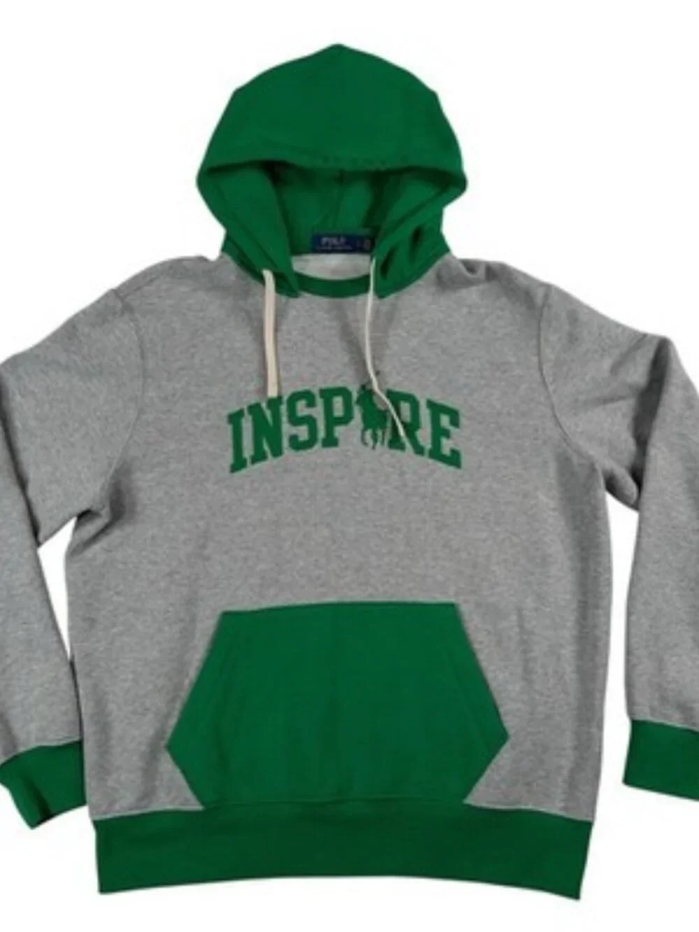 Polo Ralph Lauren Mens Large Inspire Colorblock Hoodie Spellout Gray Green NWOT